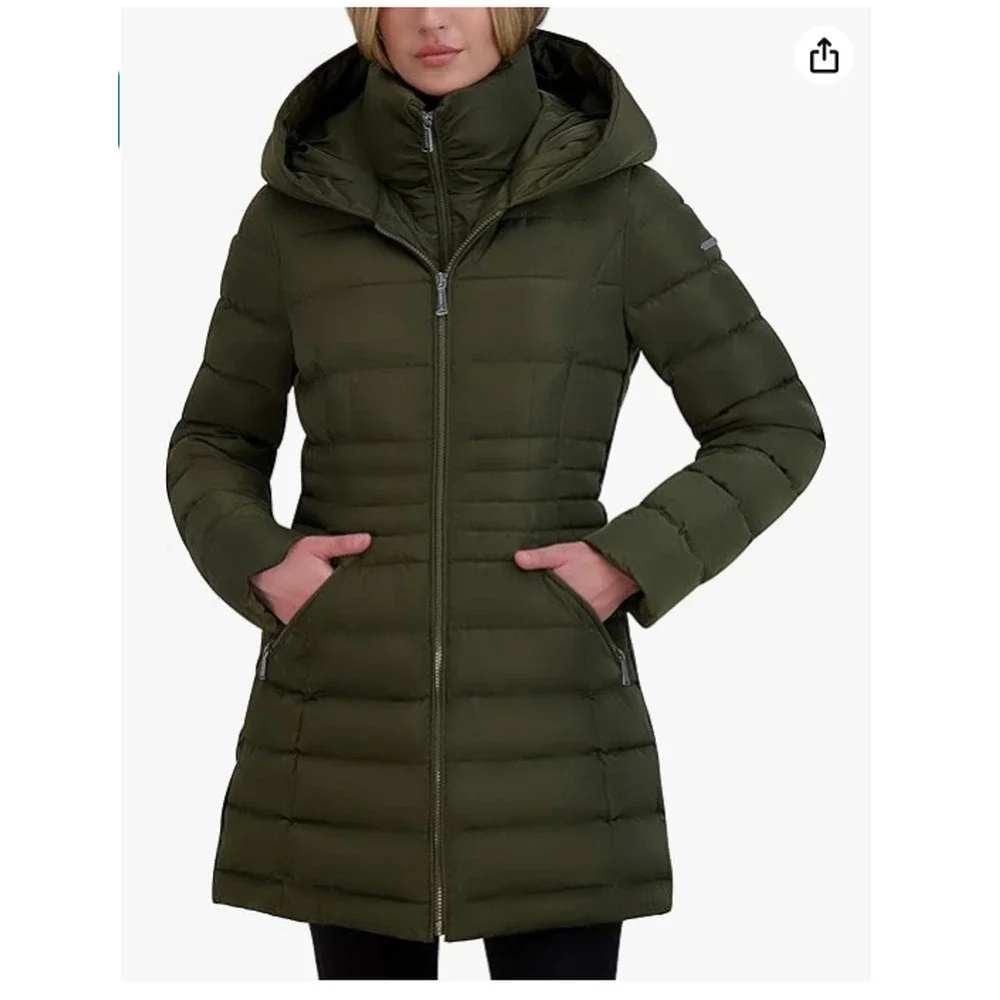 Laundry by Shelli Segal Olive Hooded Puffer Coat Velvet Trim Full Zip Womens